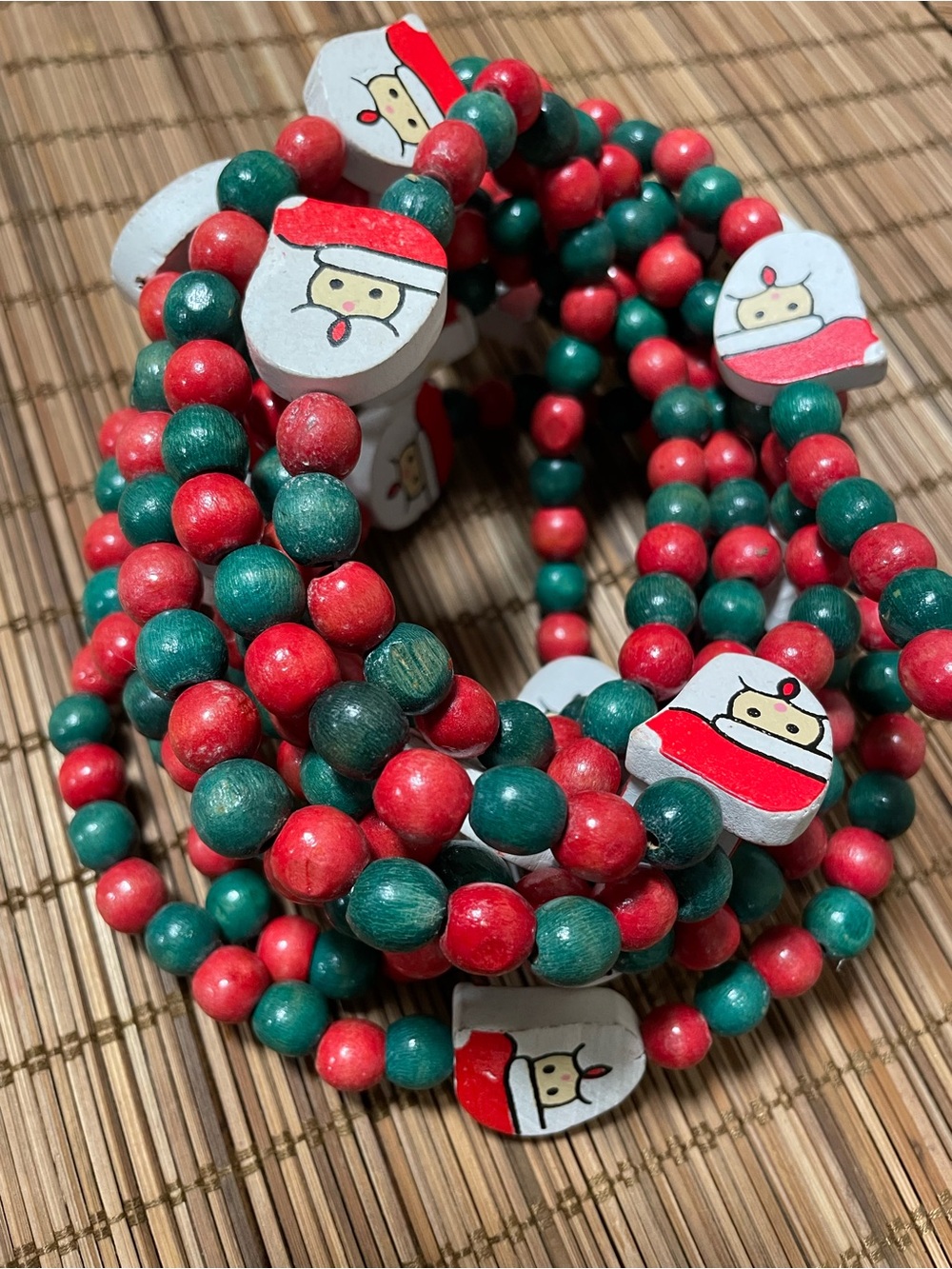Vintage Christmas Wooden Bead Garland 11.5ft /138 Santa Claus Red Green Holiday